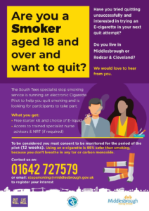 Stop Smoking - E-cigarette Pilot Scheme, call 01642 727579